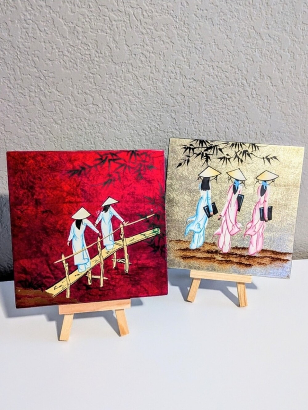 Asian-Inspired Lacquer Canvas Art Set - Red & Gold Panels